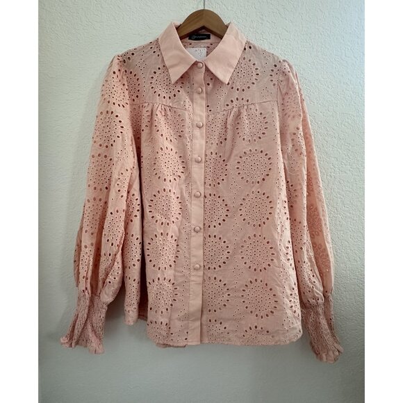 PrettyGarden Blouse‎ Womens XL Peachy Pink Eyelet Button Down L/S Boho Cottage - Picture 1 of 12